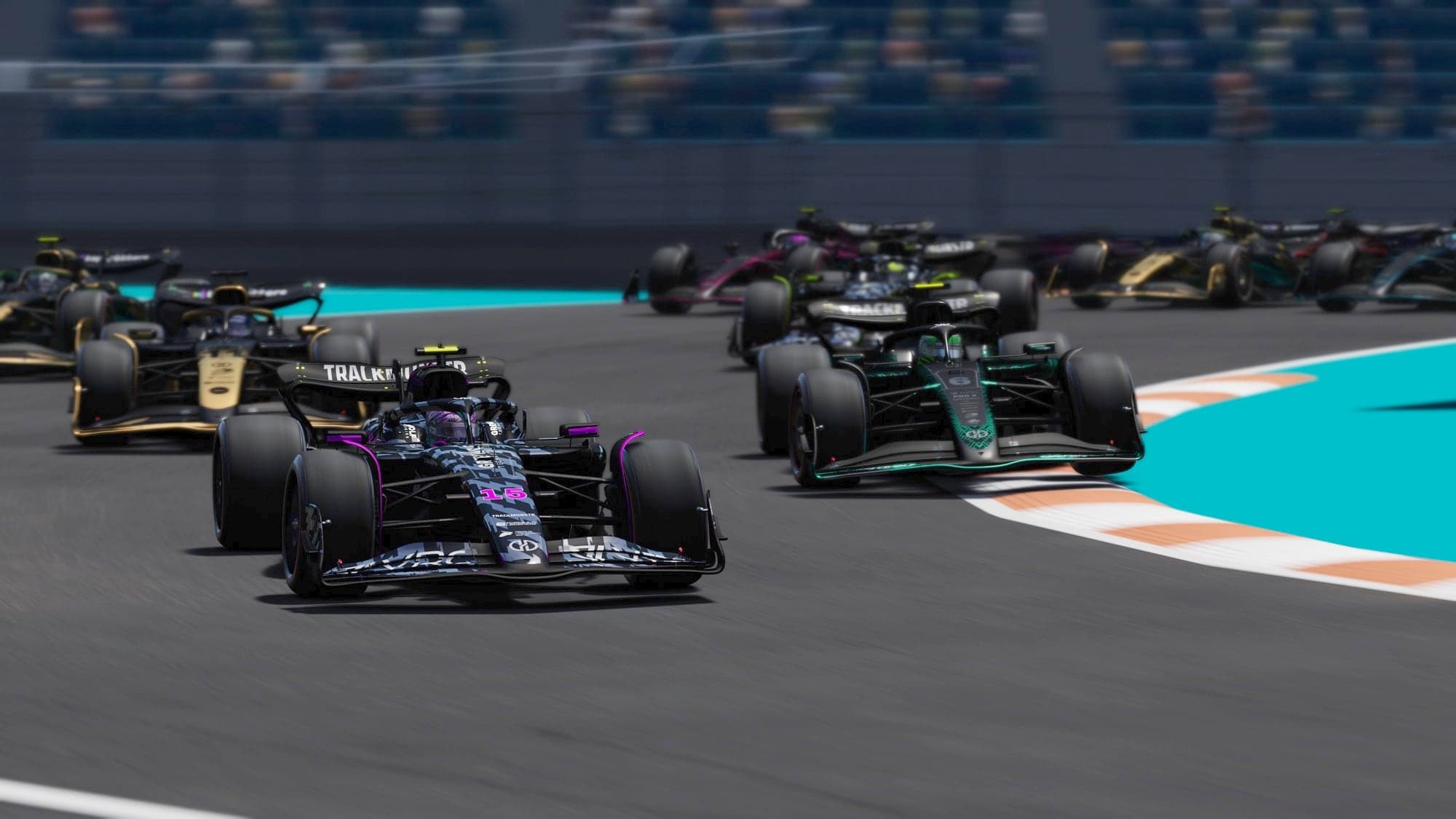 In-sim view: a Formula 1 car at Miami on a World of Racing simulator
