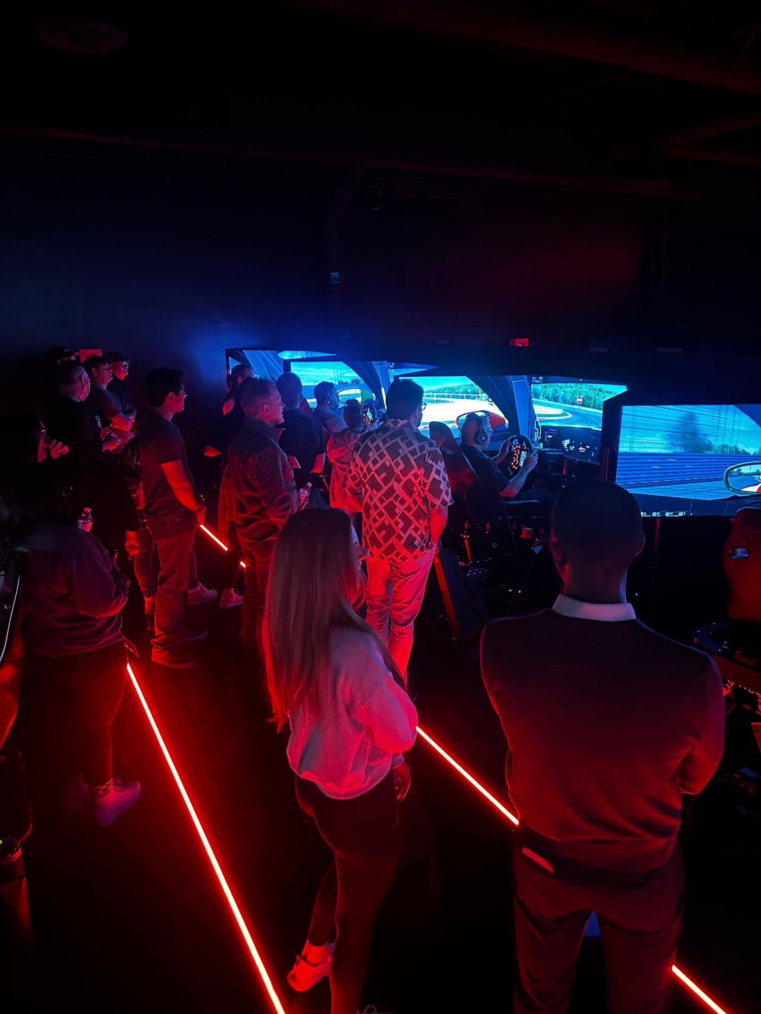 Adults celebrating at the sim rigs